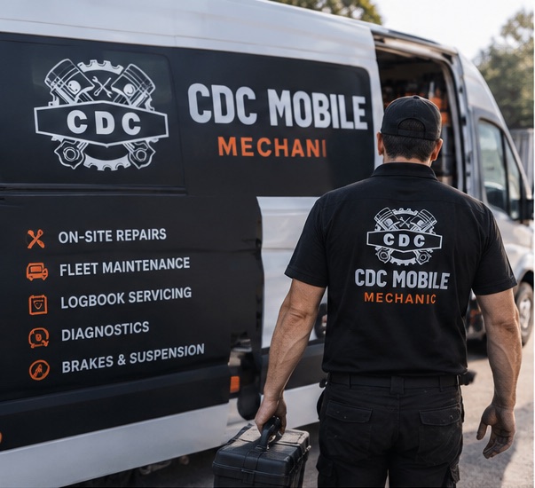 CDC Mobile mechanic walking towards the branded mobile workshop van